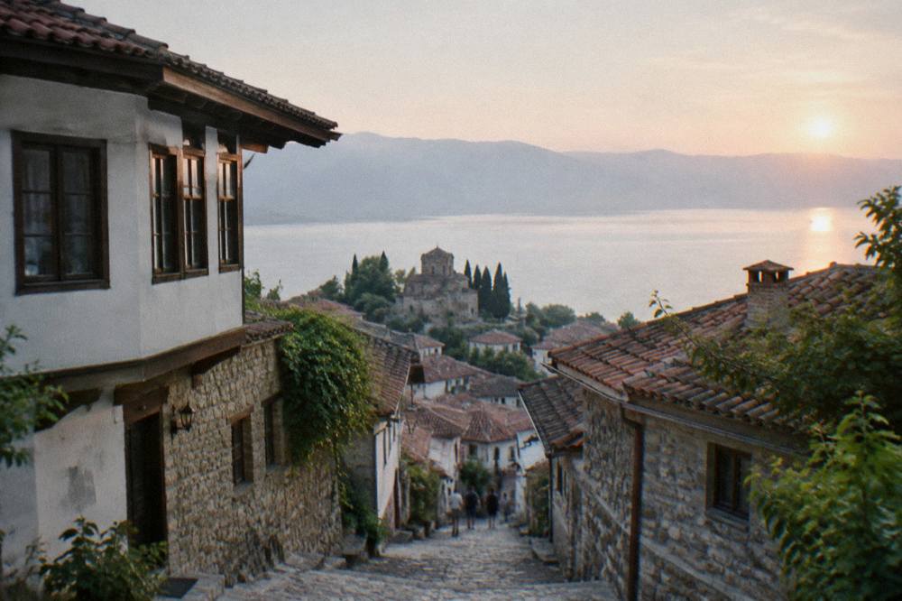 Sunset light over Lake Ohrid from the shore near the old town