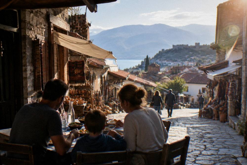 A family sharing food at an outdoor table in a street of the Ohrid Old Bazaar