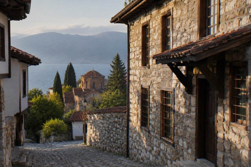 Stone facade of a museum building on a quiet street in Ohrid old town