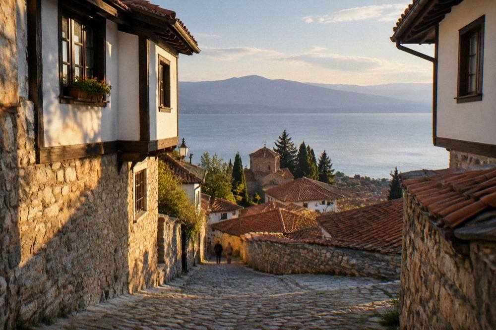 Wide view over the red roofs of Ohrid old town and the blue lake beyond