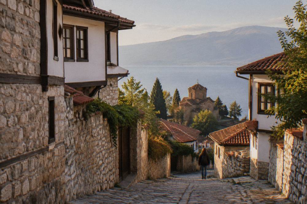 A white monastery building with a domed church among green trees at the southern end of Lake Ohrid