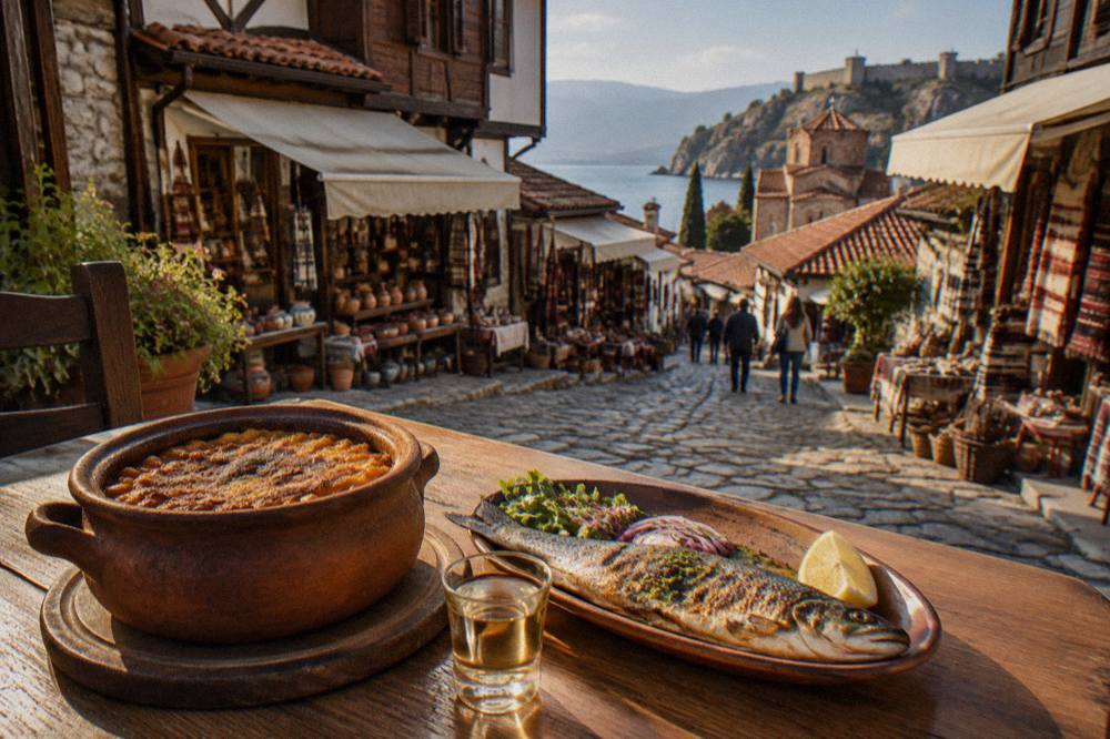 A clay pot of tavče gravče with a crusted top, a plate of grilled trout, and a small glass of rakija on a wooden table.