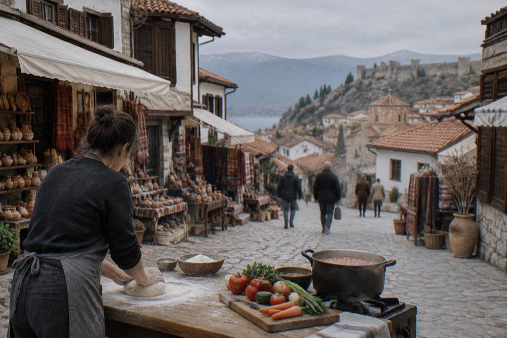 A cooking class in progress: hands kneading dough on a floured table, a pot of beans on the stove, and fresh vegetables on a wooden board.
