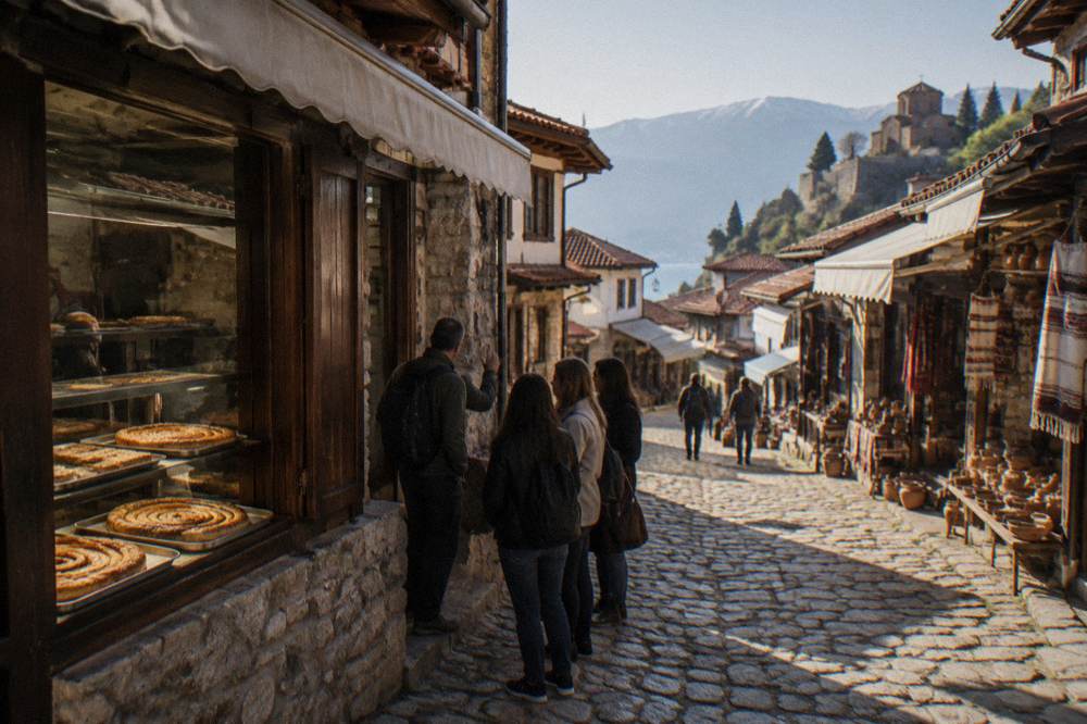 A narrow cobbled street in the Ohrid Old Bazaar with a bakery window displaying burek and a guide talking to a small group.