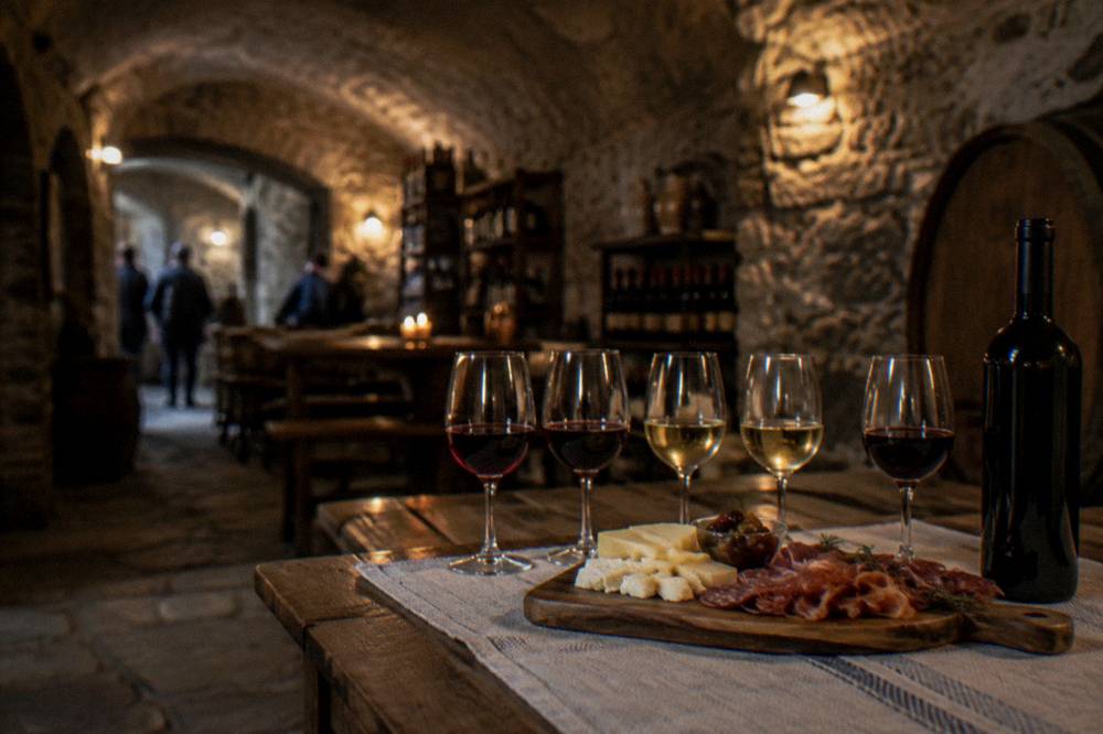 A wine tasting setup in a stone cellar: five glasses of red and white wine, a plate of cheese and cured meats, and a bottle of Vranec.
