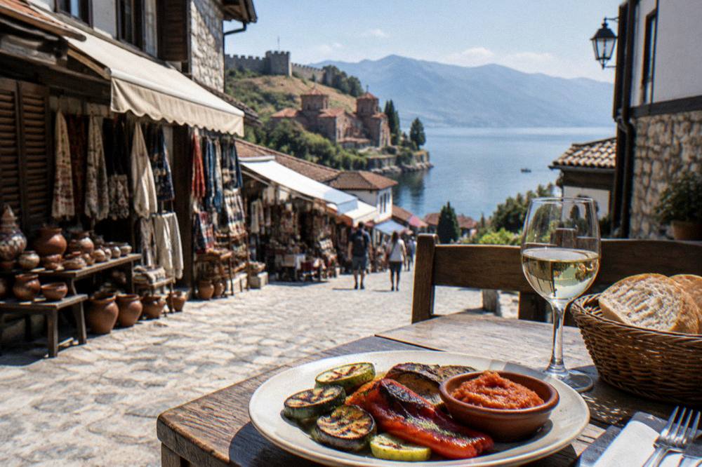 A plate of grilled vegetables, ajvar, and bread on a table next to a glass of white wine, with Lake Ohrid in the background.