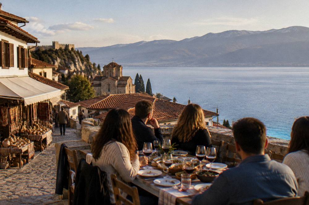 A group of people sitting around a long table on a terrace, plates of food and glasses of wine in front of them, with the lake and mountains behind.