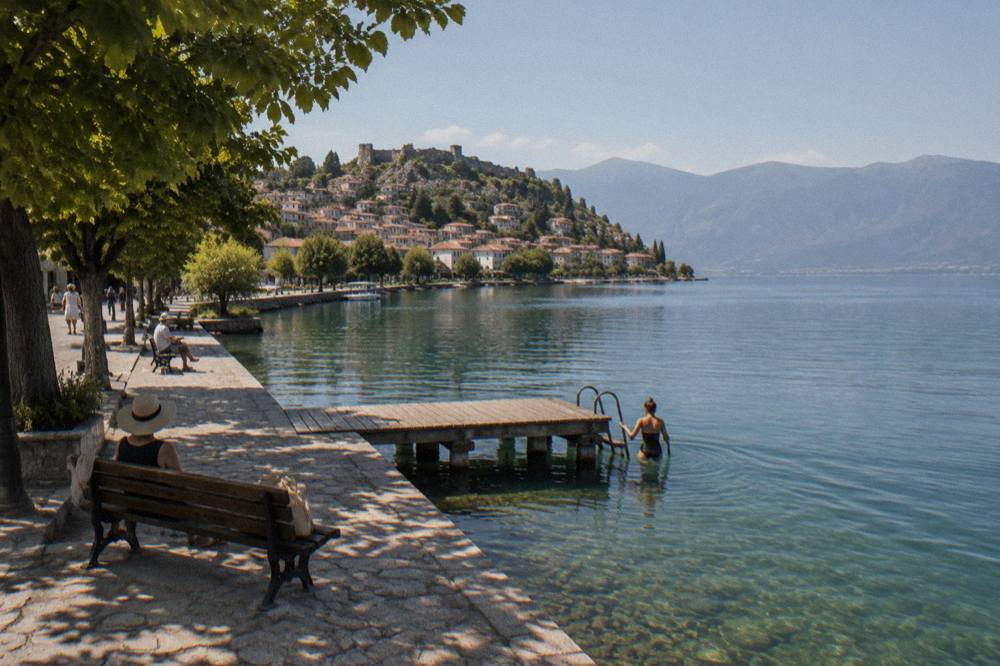A swimmer entering clear green water from a wooden jetty on a sunny summer morning