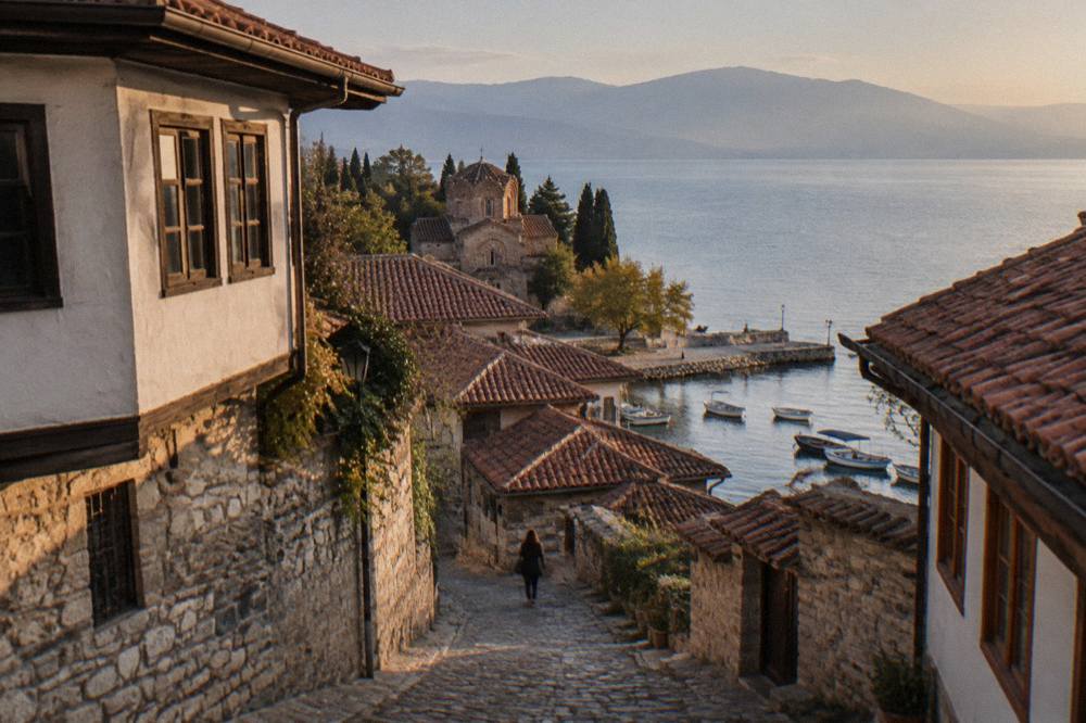 Fishing boats and a stone quay on the Ohrid lake front in warm evening light